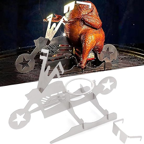 Famanu - Kippenhouder, Bierblik Kippenhouder,Roestvrij Staal Opvouwbare Kip Roaster Rack Bierblik, Kip Stand met Druppel Pan voor Oven Barbecue BBQ Grill Accessoires(Motorfiets Kip Grillrek) van Merkloos