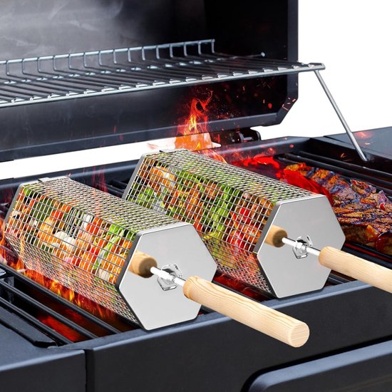 Famanu Rollende grillmanden (2 stuks, zeshoek), afneembaar houten handvat, 304 roestvrij staal, nestend grillnet, barbecue-accessoires gereedschap voor groenten en garnalen, buiten koken en kamperen