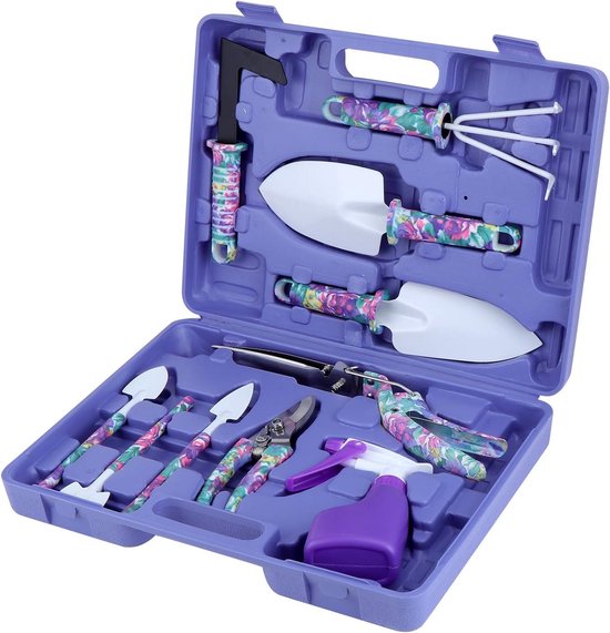 Famanu Set tuingereedschap, 10 stuks, met paarse bloemenprint, ergonomische handgreep, schop, spade, harkje, schepje, snoeischaar, plantenspuit, met draagtas, tuingeschenken van Famanu