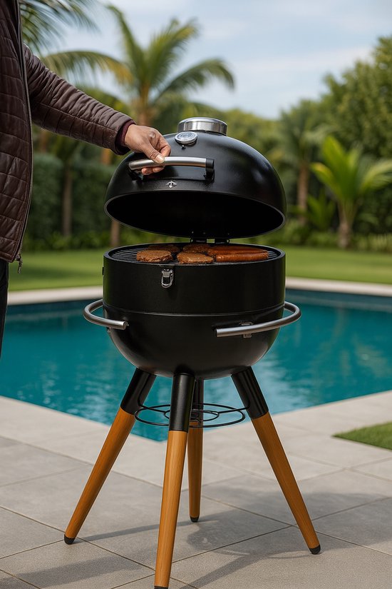 Fameilleur Barbecue met Onderstel - Houtskool BBQ met Ø41 cm Grillrooster - Ingebouwde Thermometer - Heat Deflector - Houtlook Poten - Stalen Kuip - Buiten Koken - Zwart - 98 cm barbecue- met onderstel- tuinbarbecue- barbecues voor in de tuin- tuin van Fameilleur