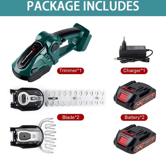 Fayb Heggenschaar - Elektrische heggenschaar - Snoeischaar - Elektrische snoeischaar - 2 in 1 - Inclusief 2 accu's - Inclusief struikmes en grasscheerblad - Lichtgewicht van Fayb