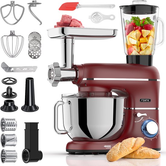 Fentic Keukenmachine – 2000W – Keukenrobot – Foodprocessor - 6,2L Mengkom – Incl. Vleesmolen, Blender en extra Accessoires – Rood van Fentic