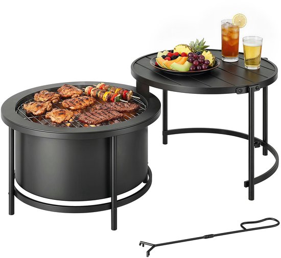 Feuerschale Rond 66x63x41 cm Vuurplaats met Grillrooster Pook Deksel Standaard Zwart van Merkloos