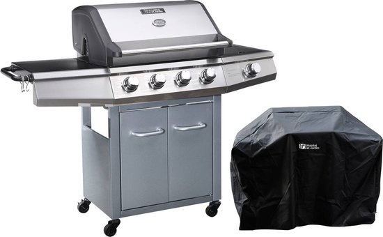 Gas BBQ gasbarbecue barbecue met led "Bingo 5" - 5 branders waarvan 1 zijbrander - 15,2 kW + beschermhoes - Zilver van Merkloos
