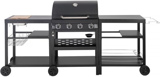 Gas BBQ gasbarbecue barbecue outdoor keuken - 12 kW - 4 branders - Zwart van Tidyard