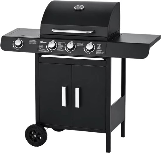 Gasbarbecue 3+1 Branders 110x50x100 cm Zwart – RVS met Zijbrander & Zijplank
