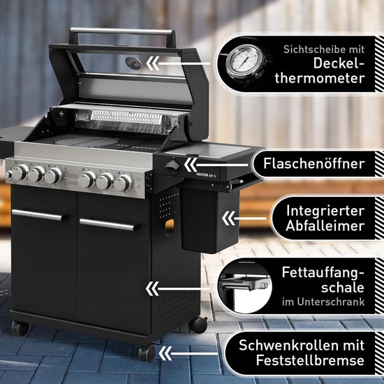 Gasbarbecue 4 Branders 57 x 139,6 x 115,4 cm – Premium Buitenkeuken met Draaispit, Sear Brander, Zijbrander, Achterbrander, Gietijzeren Grillroosters, Thermometer & Kijkvenster – HomebyNicole van Merkloos