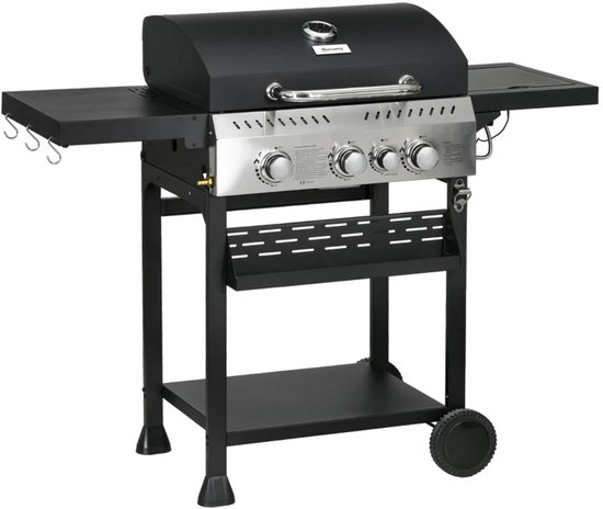 Gasbarbecue - Gasbarbecue en Gasgrill - 4 Branders & 1 Zijbrander - Grillwagen - met Grillrooster, Wielen, Bijzettafels, Drukregelaar, Slangen, Thermometer en Warmhoudplaten - 123 x 52 x 101 cm - Zwart van Merkloos