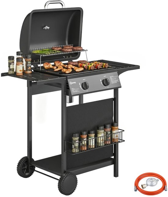 Gasbarbecue - Gasbarbecue en grill - 2 Branders - 5 kW - Grillwagen - Barbecuewagen - met Grillrooster, Wielen, Bijzettafels, Thermometer, Opvangbak en Warmhoudplaten - 99 x 56 x 95 cm - Zwart