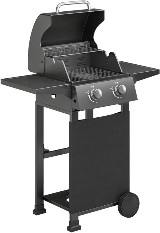 Gasbarbecue - Gasbarbecue en grill - 2 Branders - 5,4 kW - Grillwagen - met Grillrooster, Wielen, Inklapbaar Bijzettafels, Drukregelaar, Slangen, Thermometer en Warmhoudplaten - 95 x 53 x 111.5 cm - Zwart van Merkloos