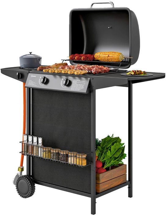 Gasbarbecue - Gasbarbecue en grill - 3 Branders - Zijbrander - Grillwagen - met Grillrooster, Wielen, Bijzettafels, Drukregelaar, Slangen, Hermometer en Warmhoudplaten - Zwart van Merkloos