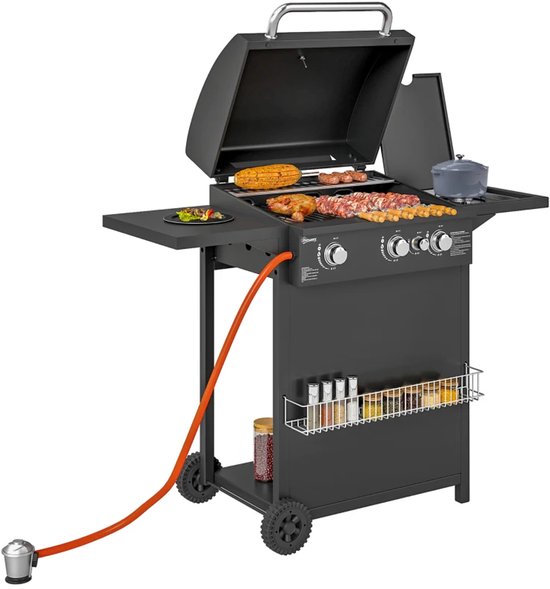 Gasbarbecue - Gasbarbecue en grill - 4 Branders - Zijbrander - 9,5 kW - Grillwagen - met Grillrooster, Wielen, Bijzettafels, Drukregelaar, Slangen, Hermometer en Warmhoudplaten - 123 x 57 x 98 cm - Zwart van Merkloos