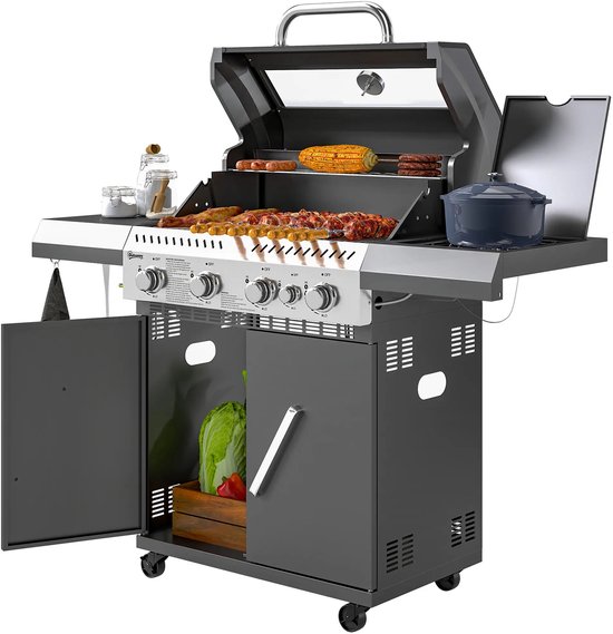 Gasbarbecue - Gasbarbecue en grill - 5 branders - Met slang en thermometer - Zilver + Zwart