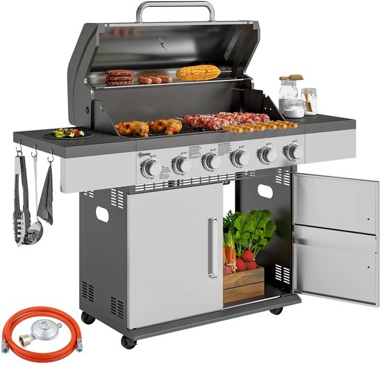 Gasbarbecue - Gasbarbecue en grill - 6 Branders - Met slang en thermometer - zilver van Merkloos