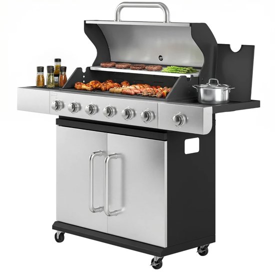 Gasbarbecue - Gasbarbecue en grill - 6+1 Branders - 18,6 kW - Grillwagen - Barbecuewagen - met Grillrooster, Wielen, Bijzettafels, Slangen, Thermometer en Warmhoudplaten - 142 x 49 x 111 cm - Zwart + Zilver van Merkloos