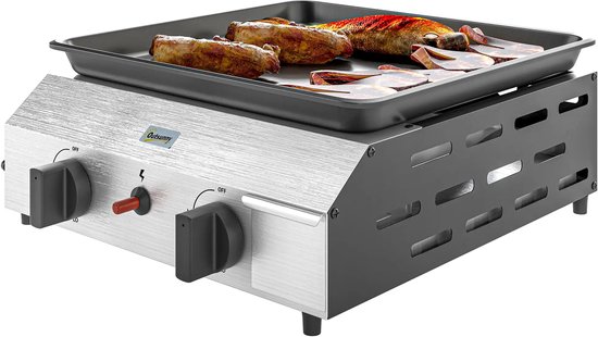 Gasbarbecue - Gasbarbecue en grill op tafel - 2 roestvrijstalen branders en drukregelaar - Gasbarbecue voor op de camping - zilver + zwart van Merkloos