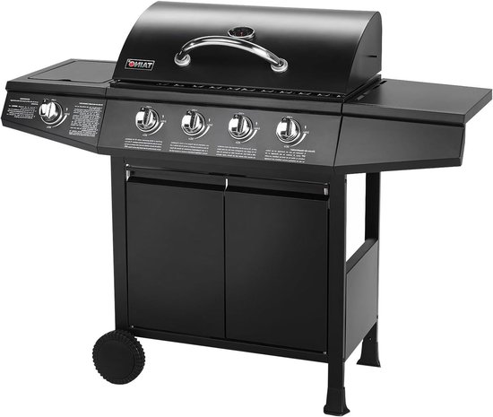 Gasbarbecue – Gasgrill – Buitenkeuken – Grillwagen – BBQ Trolley – 4 Roestvrijstalen Branders – Zijbrander – Groot Grilloppervlak 61x32 cm – Temperatuurmeter in Deksel van Merkloos