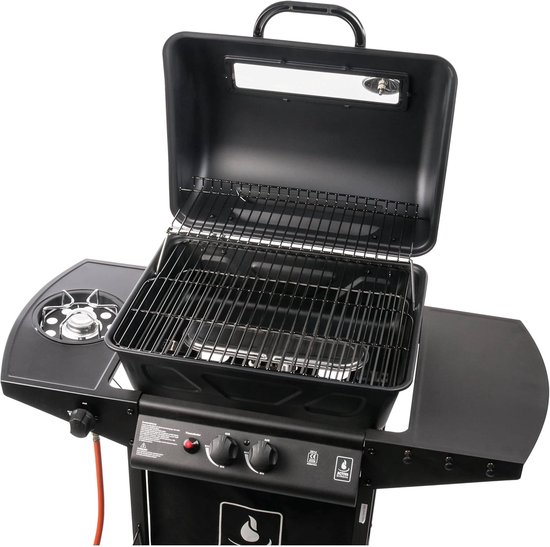 Gasbarbecue Lavasteen Grillwagen - House&Garden Halifax Premium 5,5 kW + 2,5 kW Zijbrander BBQ met Kijkvenster, Thermometer, Lavastenen, Warmhoudrooster, Opbergrek & RVS Constructie - Outdoor Gas Grill voor Tuin en Balkon