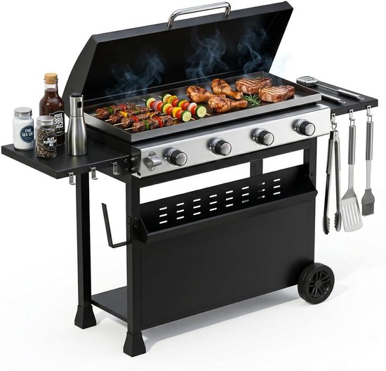 Gasbarbecue met 4 branders en een vermogen van 32.000 BTU – barbecuewagen met een vlakke bakplaat van 3086 cm² – draagbare barbecue die zowel vrijstaand als op tafel kan worden gebruikt – weerbestendige kap – roestvrijstalen branders