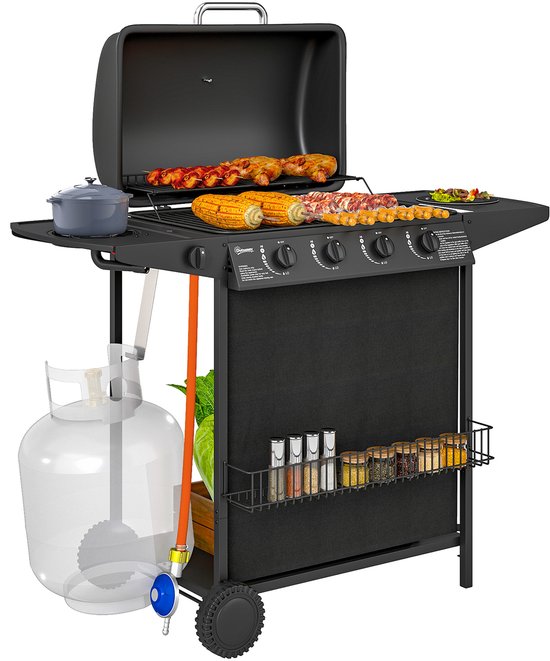 Gasbarbecue met 4+1 Onafhankelijke Branders en Deksel met Thermometer, 121x54x97 cm, Zwart van Merkloos