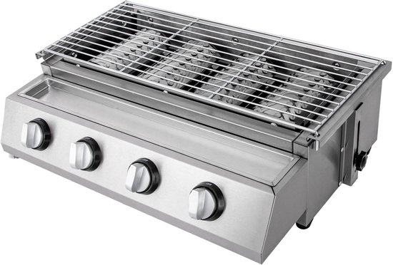 Gasbarbecue - Rookloze BBQ Grill - 4 Branders - Roestvrij Staal - Draagbare LPG Buitenkeuken - In Hoogte Verstelbare Gasgrill - Met Olieopvangbak - Tafelmodel BBQ - 58x40x20 cm - Tuin Terras Balkon Camping van Moa.