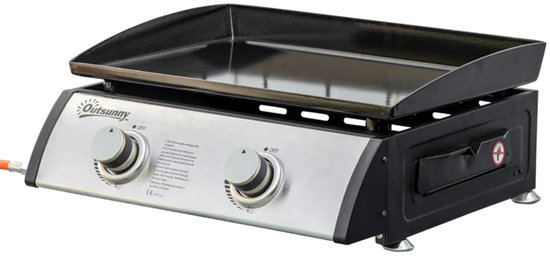 Gasbarbecue - Tafelmodel Gasbarbecue en Gasgrill - 2 Branders - 6 kW - met Slang, Drukregelaar, Vetopvangbak, Antiaanbaklaag, RVS Grillplaat - 48,5 x 48 x 21 cm - Zilver van Merkloos
