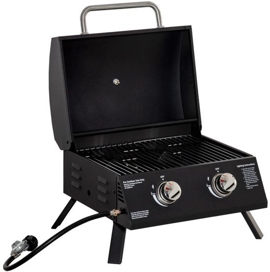 Gasbarbecue - Tafelmodel Gasbarbecue en Gasgrill - 2 Branders - Grillwagen - 5,6 kW - met Grillrooster, Drukregelaar, Slang, Thermometer - 55 x 46,5 x 41 cm - Zwart van Merkloos