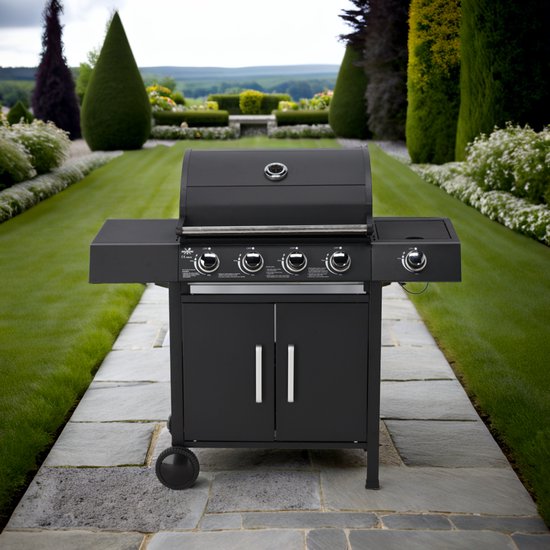 GASGRILL 4+1 BRANDERS met Zijbrander | 13 kW | Inclusief Drukregelaar & Gasslang | 120×48×110 cm | Gietijzeren Roosters | 2 Wielen | GURU van GURU