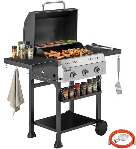 Gasgrill 9 kW 3 Branders BBQ Grillwagen RVS inkl. Inklappbare Zijtafel Kruidenhouder Onderplank 6 Haken van Merkloos