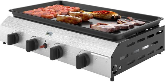 Gasgrill - Gasbarbecue en grill op tafel - 4 roestvrijstalen branders en drukregelaar - 44 x 44,5 x 19 cm, zilver + zwart van Merkloos