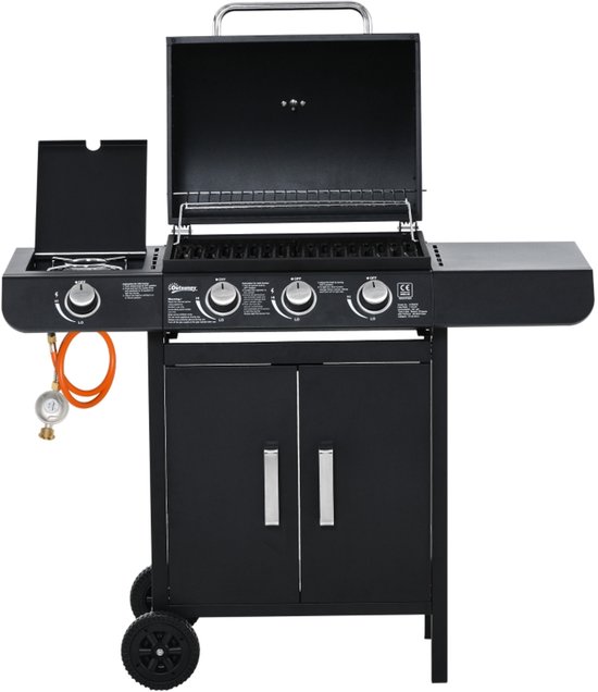 Gasgrill met 3 Branders en 1 Zijbrander, 110x50x100 cm, Stalen BBQ Wagen met Thermometer en Opbergruimte, Zwart van Merkloos