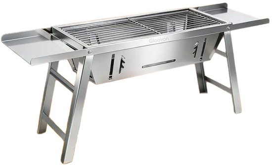 Gloovon® Houtskool BBQ - Opvouwbaar & Draagbaar RVS Grill - Verstelbare Hitte - Met Snijplank Functie - Compact 2.5cm Dun - Voor Camping & Outdoor