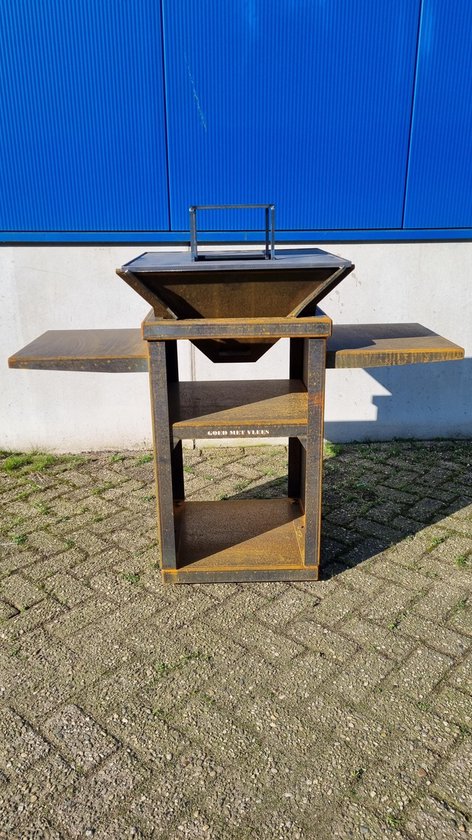 GoedMetVlees Grill Royal - BBQ - vuurtafel vierkant - cortenstaal - Plancha - bakplaat - vuurschaal - buitenkeuken - schap van GoedMetVlees