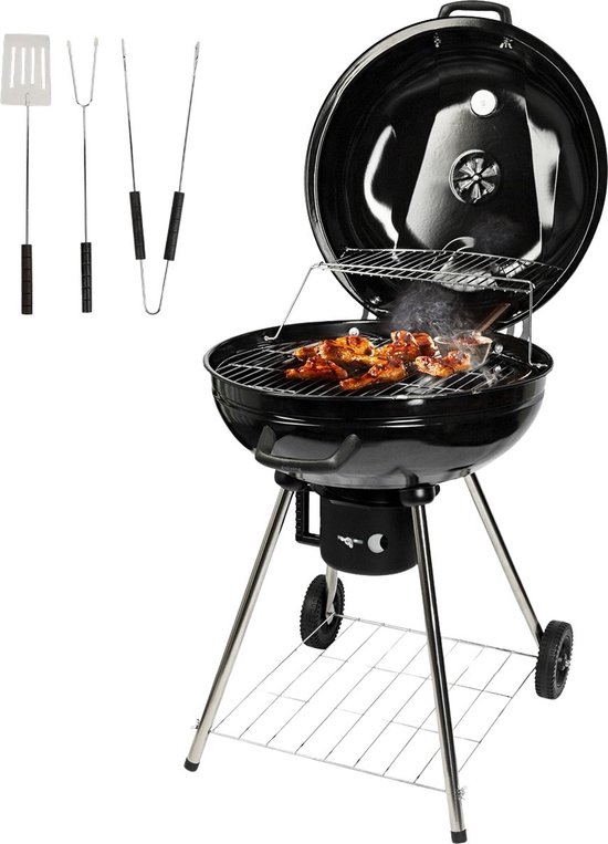 Goliving Houtskool Barbecue - Ø54 cm - Inclusief Accessoires - Houtskoolbarbecues op Wielen - XXL BBQ met Deksel - Rond - 65 x 89 cm - Zwart - Metaal van Goliving