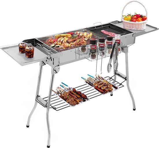 Gran Vida® - Draagbare Houtskool BBQ - Opvouwbare Grill - Roestvrij Staal - Met Opbergvakken - 122x30x75cm van Merkloos