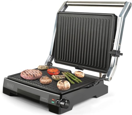 Grill- en Grillplaat 2200 W met Kanteldeksel en 6 Posities - PFOA-vrij en Roestvrij Staal - 29 x 23 cm van H.Koenig