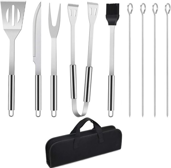 Grillbestek BBQ grillaccessoires, 9 stuks grill-gereedschapsset roestvrij staal barbecue-gebruiksvoorwerpen, BBQ grillen kookgereedschap kit-schraper, kwast, vleesmes, spiesen accessoires voor outdoor gezinnen tuinfeest van Alyaw