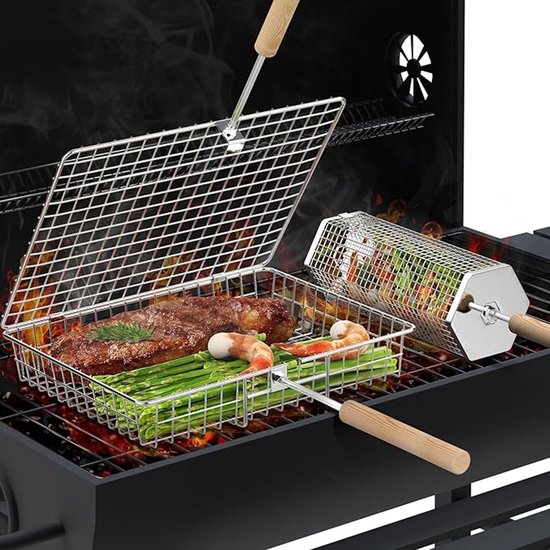 Grillmand Set van 2 - Rechthoekige en Achthoekige Grillkorf - 304 RVS BBQ Mand met Afneembare Houten Handgreep - Groente, Garnalen en Vis Grillaccessoire voor Barbecue en Kamperen