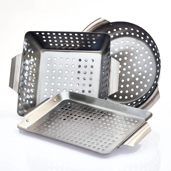 Grillmand set van 3 roestvrij staal - grillschalen voor BBQ - barbecue groentemand en vleesmand Barbecue van Merkloos