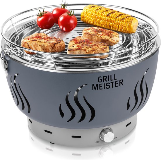 Grillmeister Houtskoolbarbecue - Type: houtskool - Afmetingen rooster: Ø34,6 cm - Kenmerk: met actieve ventilatie - Gesloten houtskoolcontainer - Uitneembare lekbak - Verstelbare ventilator van Merkloos