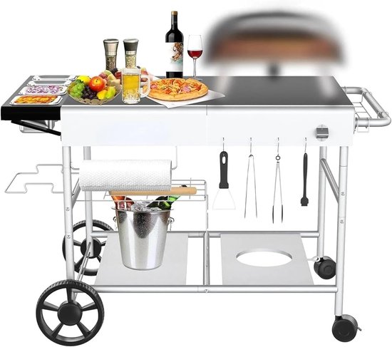 Grillwagen Buiten - Pizza Oven Tafel - Buiten Koken - Beweegbaar Met Wielen - Dubbele Plank - Zilver