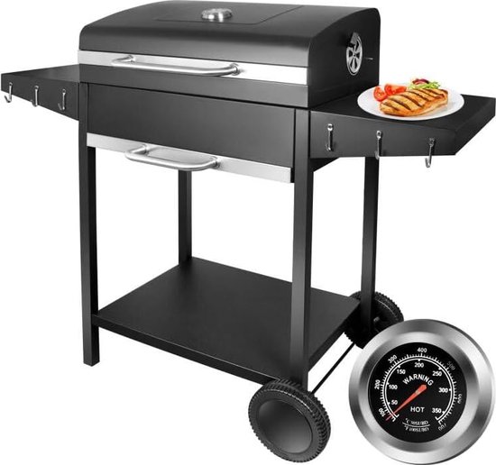 Grillwagen, houtskoolgrill met deksel, XXL kolengrill met wielen en thermometer en twee planken, grote houtskoolbarbecue voor camping en tuin van KESSER