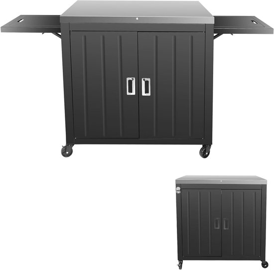 Grillwagen met roestvrijstalen werkblad, inklapbare zijplanken en wielen voor buitenkeuken, barbecue en tuingebruik