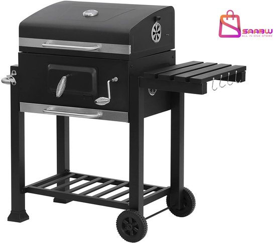 Grote Houtskool Barbecue met Deksel – Thermometer, 2 Grillroosters, Aslade & Zijtafel – BBQ met Wielen – 51772