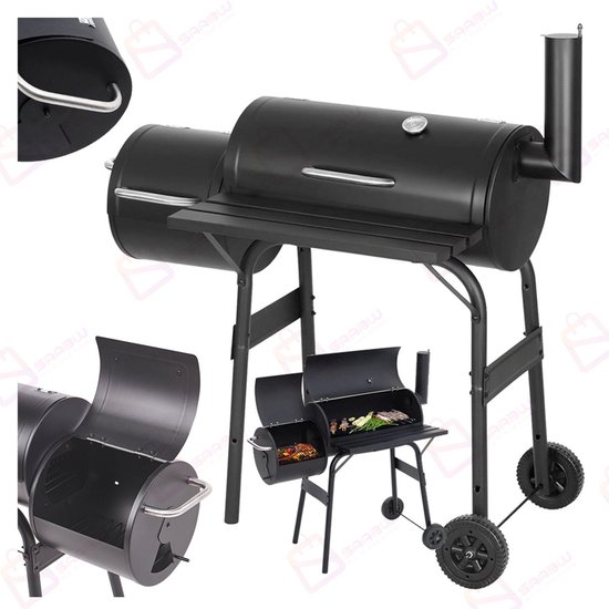 Grote Houtskool Barbecue met Roker – 2-in-1 BBQ & Smoker – Met Deksel, Thermometer, Zijplank & Wielen – Vatmodel –barbecue –bbq houtskool – 51802 van BonGiani