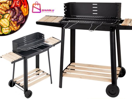 Grote Houtskool Barbecue op Wielen – Verstelbaar Rooster & Houten Legplanken – bbq houtskool – bbq accesoires – bbq hoes – Zwart – 51796 van Merkloos