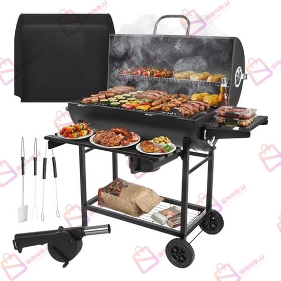 Grote Houtskool BBQ Grill met Deksel - Thermometer - Zijtafels - Wielen - Tuingrill – Zwart – bbq houtskool – bbq hoes – barbecue – 62507 van Merkloos