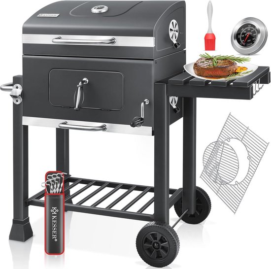 Grote Houtskoolbarbecue Trolley met Wielen, Thermometer en Roestvrij Stalen Handvat voor Tuin en Camping van Tepro