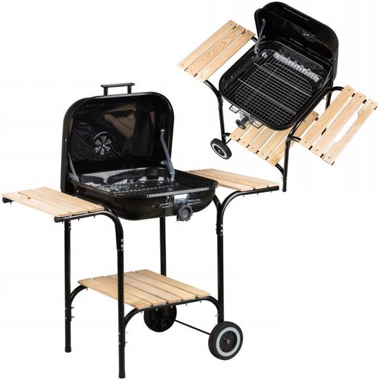 Grote tuingrill met verstelbaar rooster - Barbecue - scharnierend deksel - Grill op wielen - BBQ - Metalen grill - Grill met planken- Houtskoolgrill- Houtskoolbarbecue van Merkloos