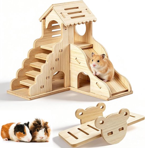 Hamsterhuis van hout, hamsterhuis, meerkamer met trap en wip, meerkamerhuis, hamsters, knaagdieren, cavia's, accessoires voor dwerghamsters, goudhamsters, kleine huisdieren